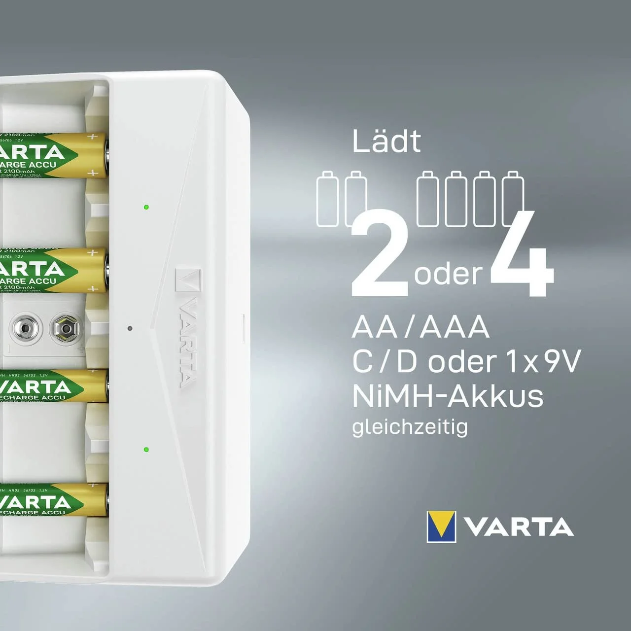 Зарядний пристрій VARTA для акумуляторів, заряджає 2 або 4 AA, AAA, C, D або 1 x 9 V одночасно, без акумуляторів, фото №8