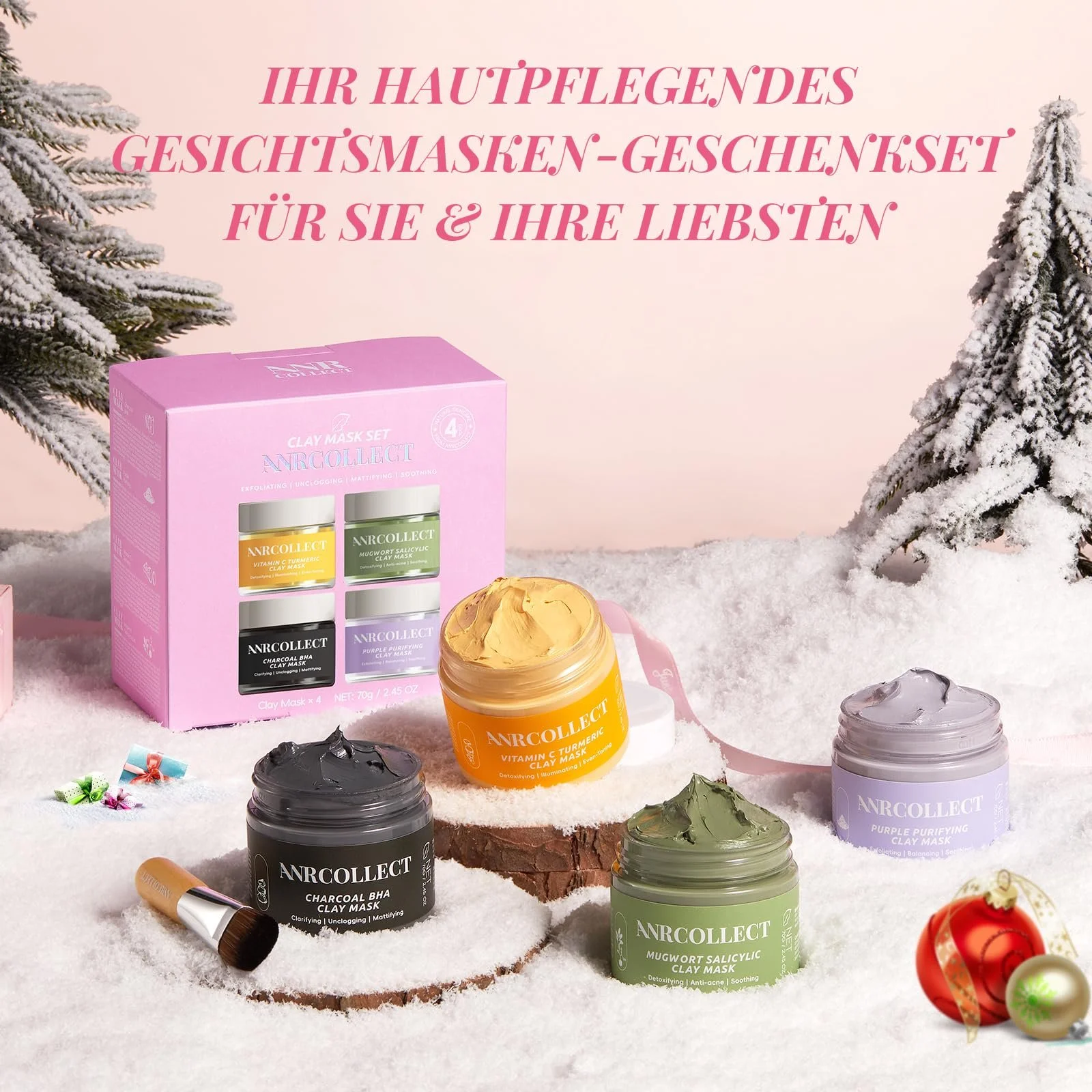 Набор глиняных масок для лица ANRCOLLECT 4 шт. - Набор по уходу за кожей с витамином C + активированный уголь + полынь + маска с фиолетовой глиной | Сужение пор и глубокое очищение (подарочная упаковка), фото №6