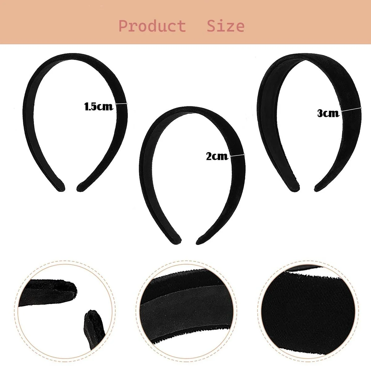 Обруч Оксамитовий Чорний, набір 3 шт, різної ширини, фото №6