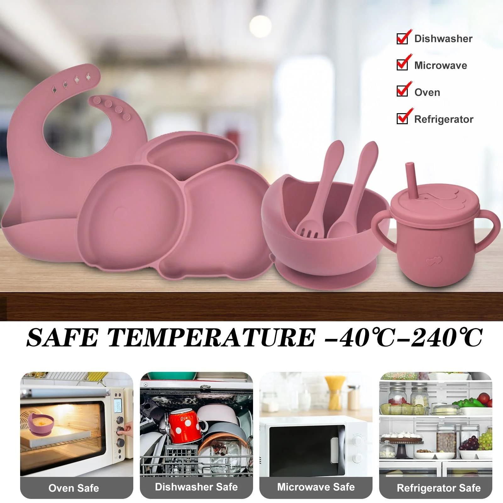 Набір дитячого посуду Domueay 6 предметів: тарілка з присоскою, миска, слинявчик, чашка, ложка, виделка, силіконовий, рожевий кролик, фото №6