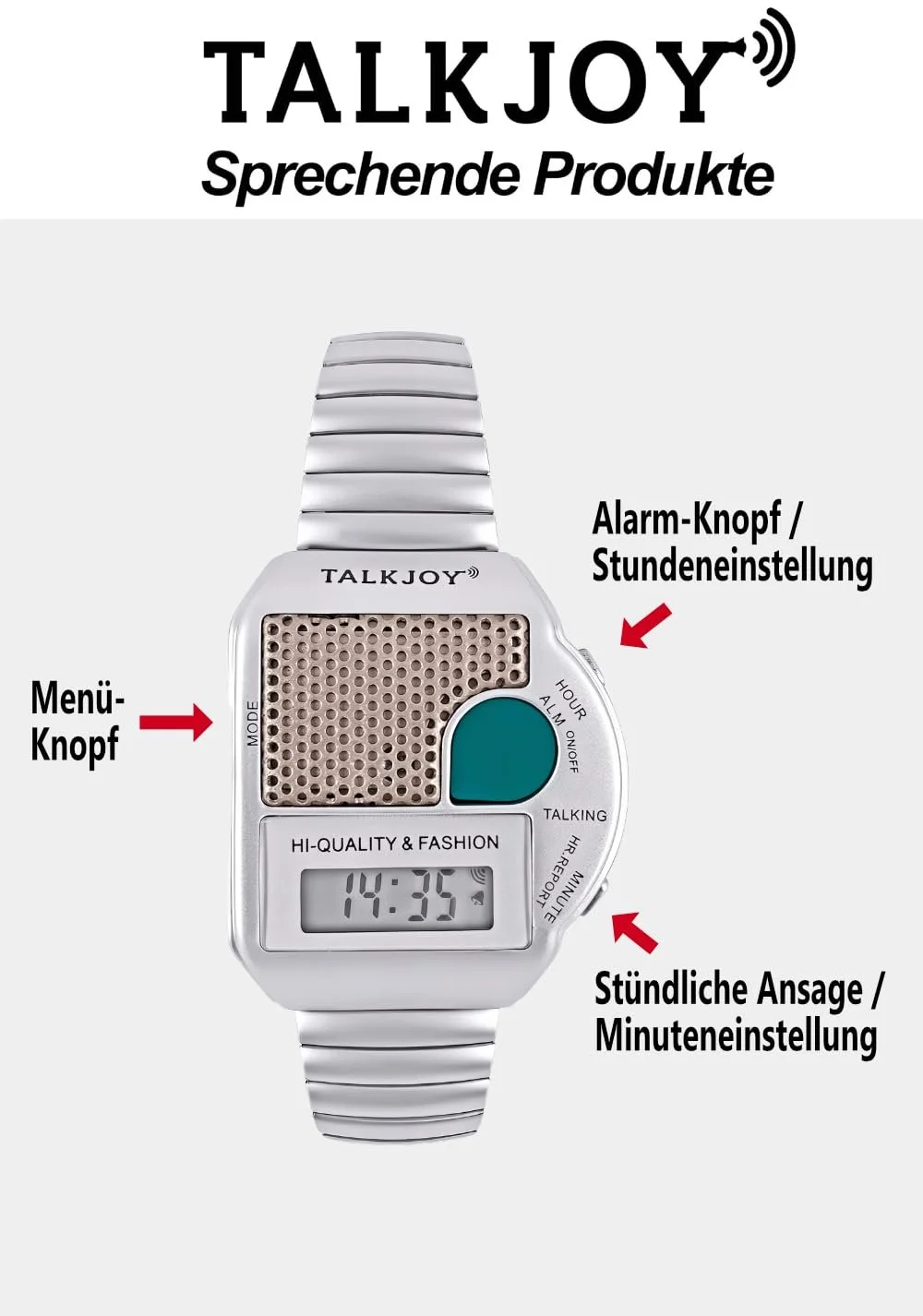 Говорящие часы TalkJoy с металлическим ремешком, будильник, голосовое объявление времени для слабовидящих, кнопочное управление, фото №5 Говорящие часы TalkJoy с металлическим ремешком, будильник, голосовое объявление времени для слабовидящих, кнопочное управление, фото №5