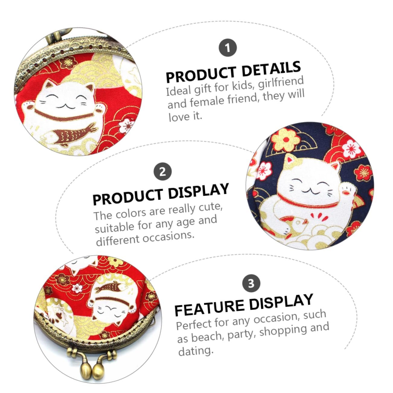 Кошелек для монет VALICLUD 2шт. Retro Lucky Cat Pattern Симпатичная сумка для хранения мелочи для женщин в винтажном стиле, фото №3