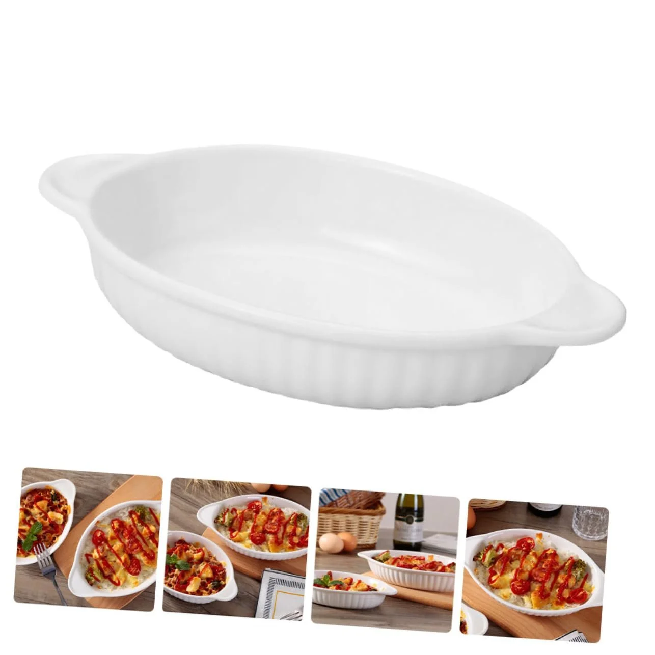 Форма для запекания Lurrose керамическая овальная с двойными ручками Белый фарфор, фото №9