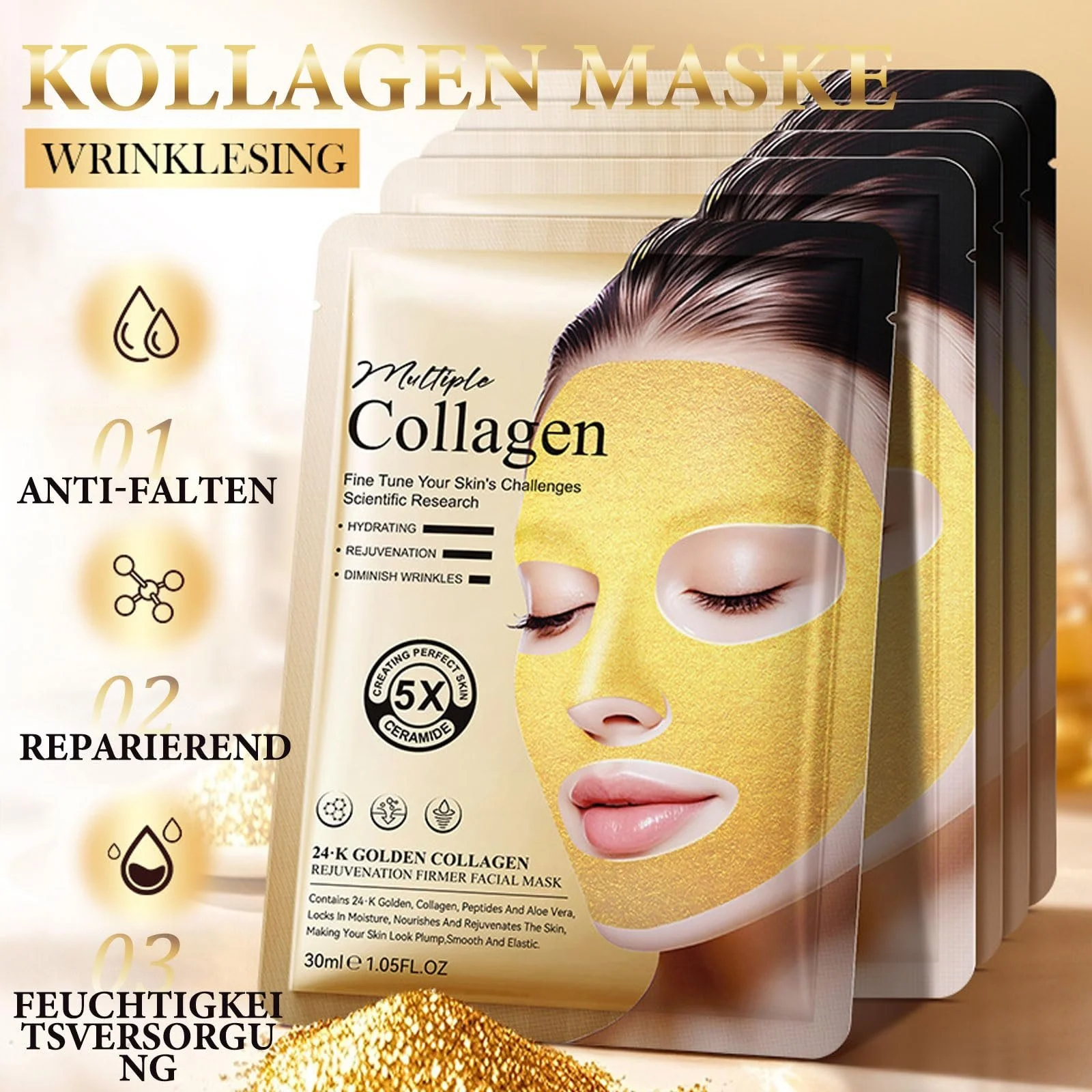 Маска для лица Коллаген Gold 24k, Роскошный антивозрастной уход, Увлажнение, Подтяжка и Омоложение Кожи, 10 штук в упаковке, фото №5 Маска для лица Коллаген Gold 24k, Роскошный антивозрастной уход, Увлажнение, Подтяжка и Омоложение Кожи, 10 штук в упаковке, фото №5