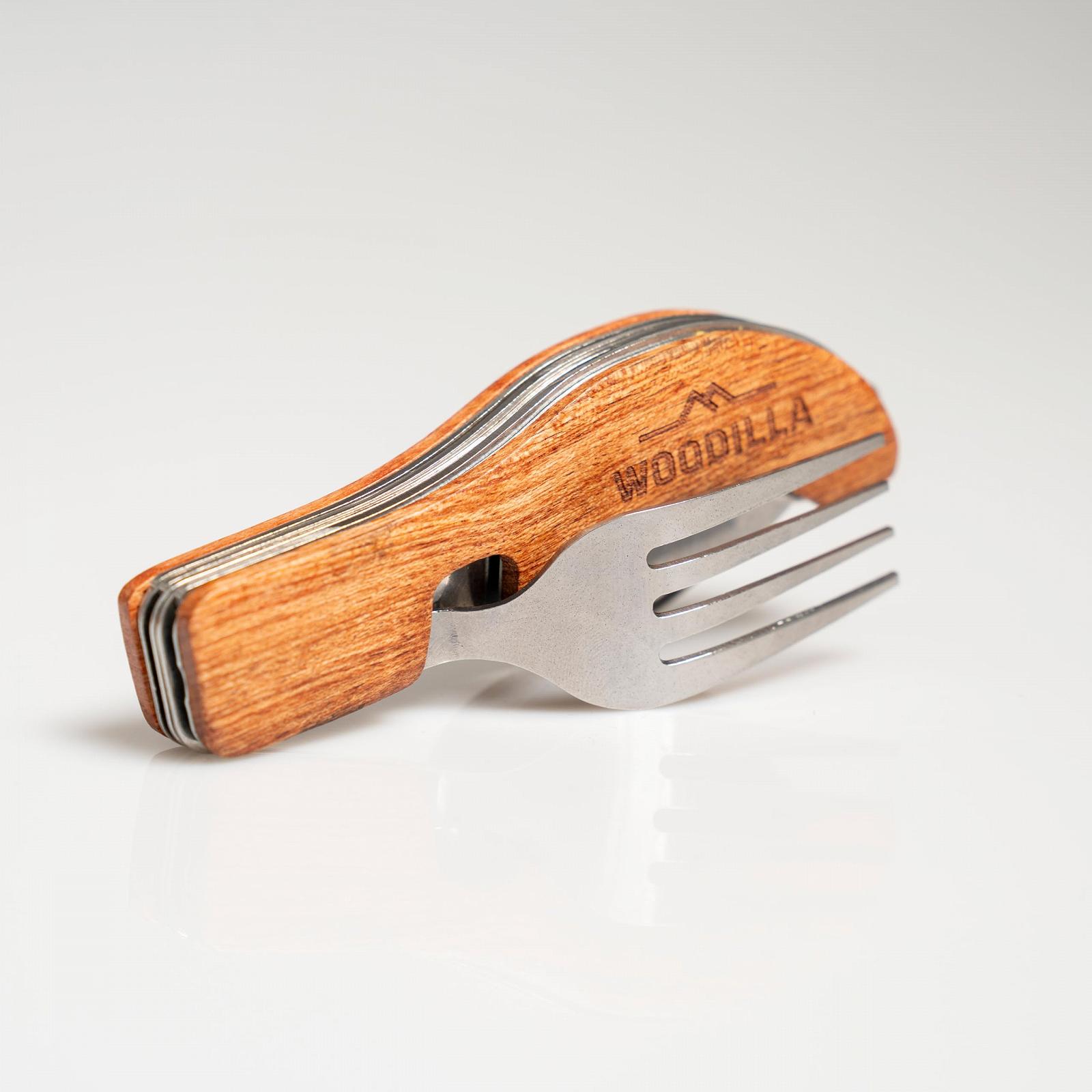 Набір столових приборів Woodilla Outdoor, складні, з нержавіючої сталі та дерева, ніж, виделка, ложка, відкривачка для пляшок, 4 в 1, коричневий та срібний, фото №3
