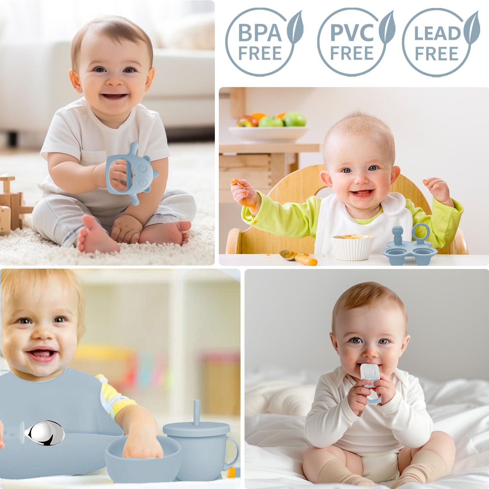 Набор детской посуды Bizcasa Силиконовый, 14 предметов: тарелка, миска, вилка, фрутница, контейнер для заморозки детского пюре, прорезыватель, без BPA, фото №4 Набор детской посуды Bizcasa Силиконовый, 14 предметов: тарелка, миска, вилка, фрутница, контейнер для заморозки детского пюре, прорезыватель, без BPA, фото №4