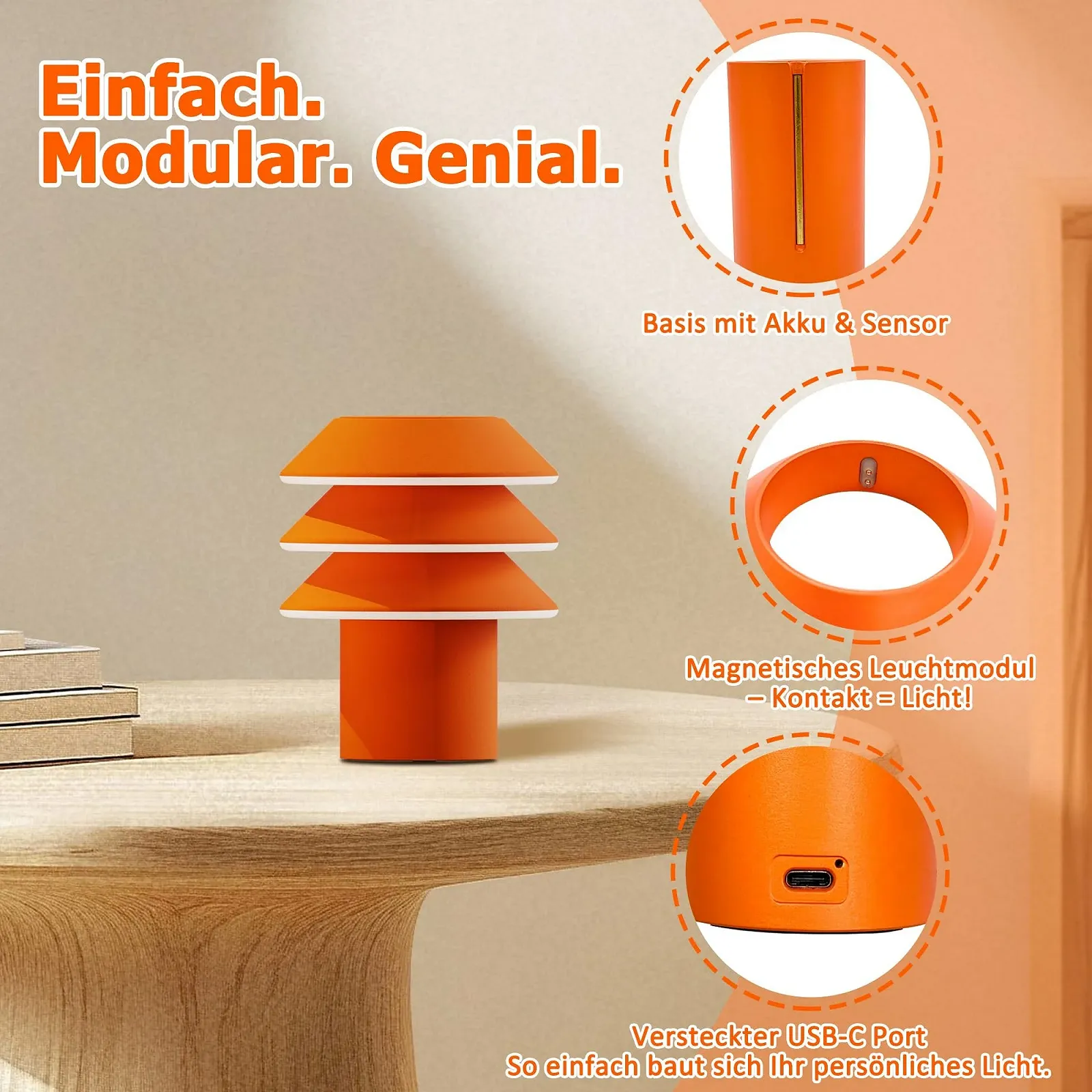 Настільна лампа Modular 3-в-1 DIY 3000 K 1800 мАг Помаранчева, фото №6