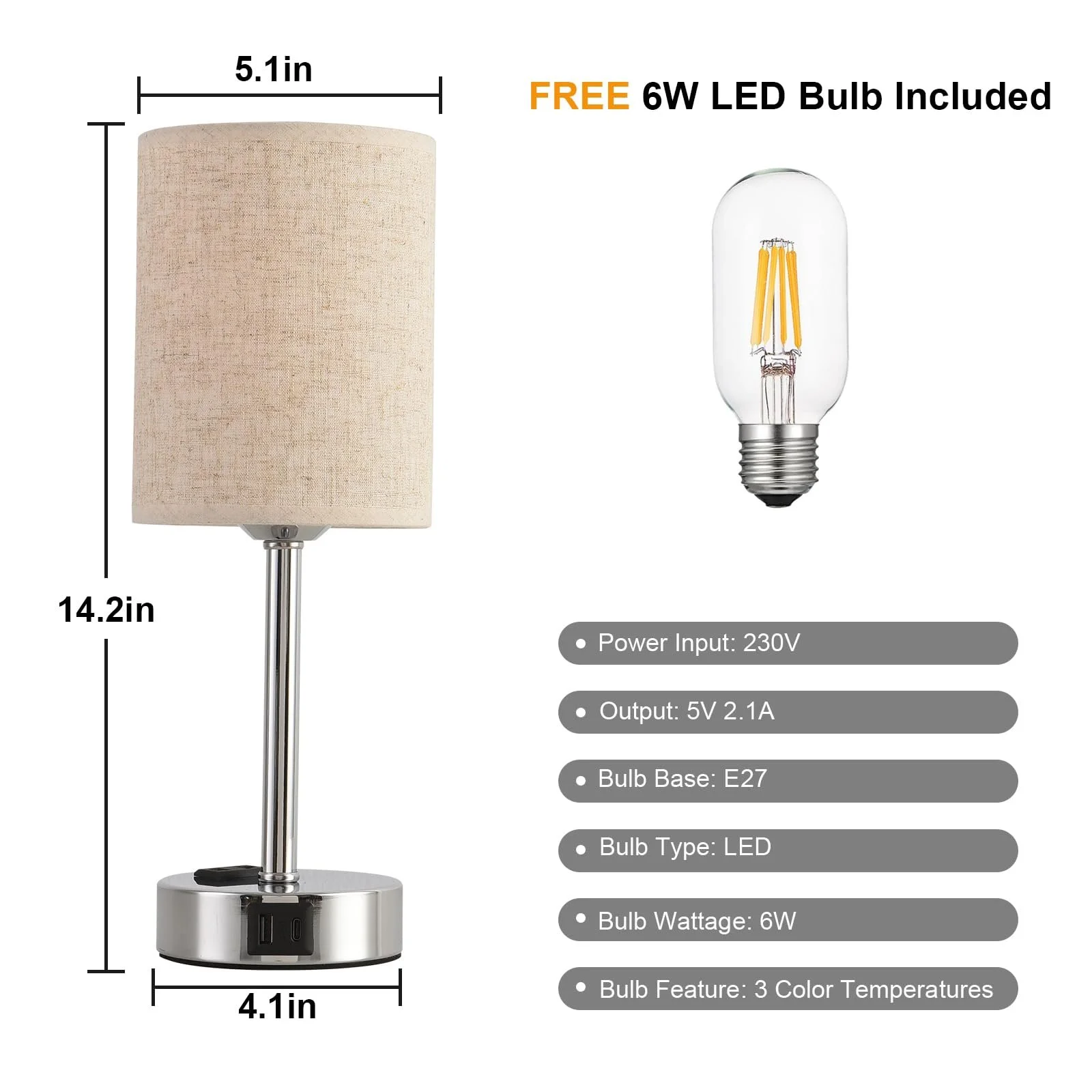 Настільна лампа LED Сенсорна Димування USB A+C Лляний абажур Бежева, фото №4