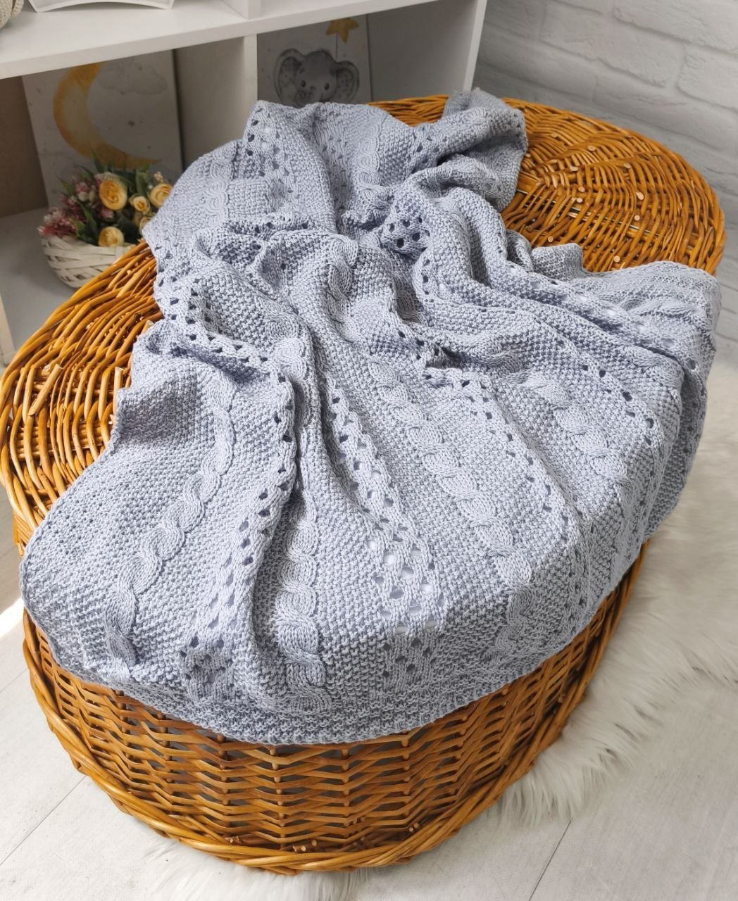 Детский вязаный плед с хлопковой подкладкой, 90 × 90 см, серый, фото №2