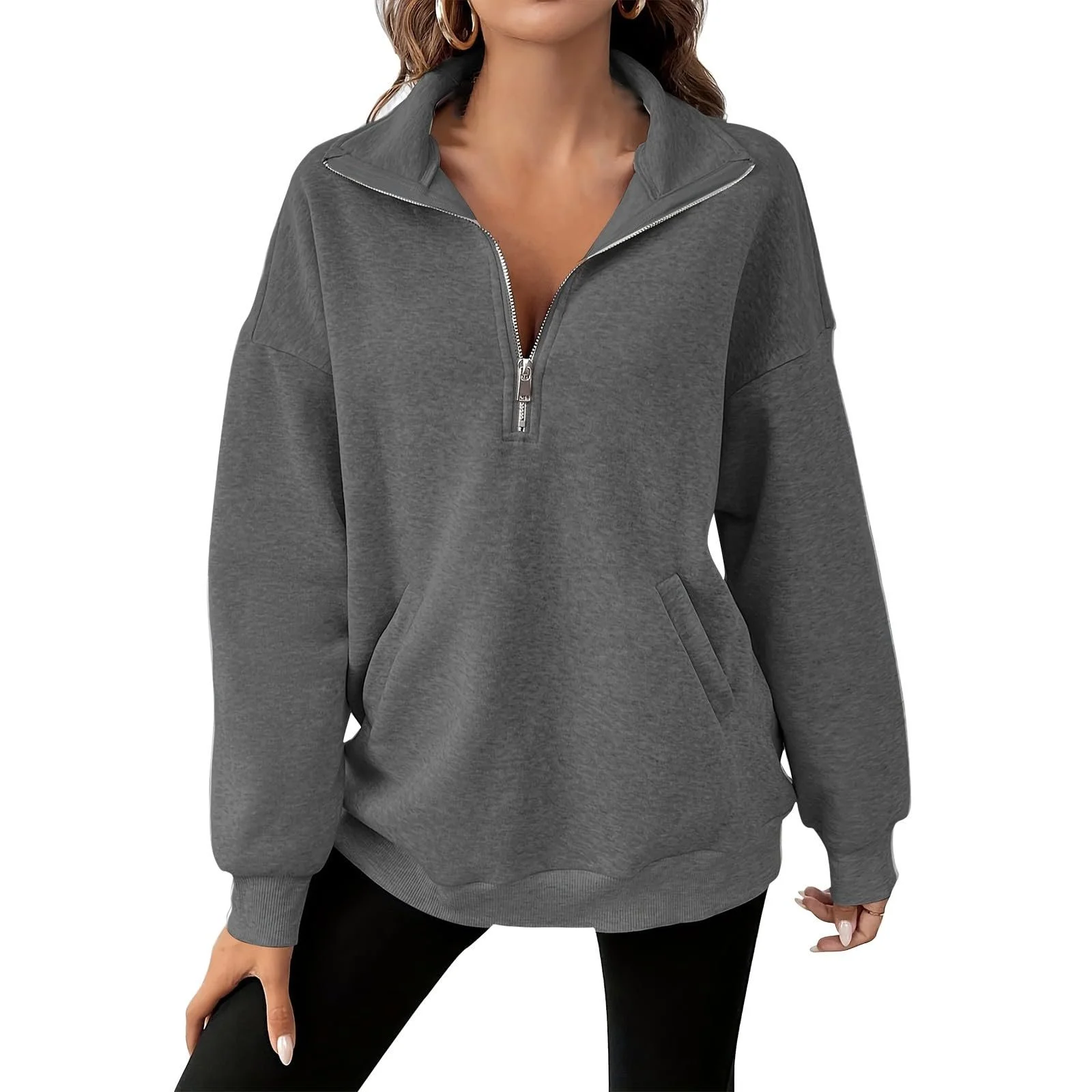 Женский свитшот с круглым вырезом, полумолнией, большой худи, свитшоты на четверть молнии 2025, осенняя одежда, зимняя одежда с карманом для кемпинга, фото №1