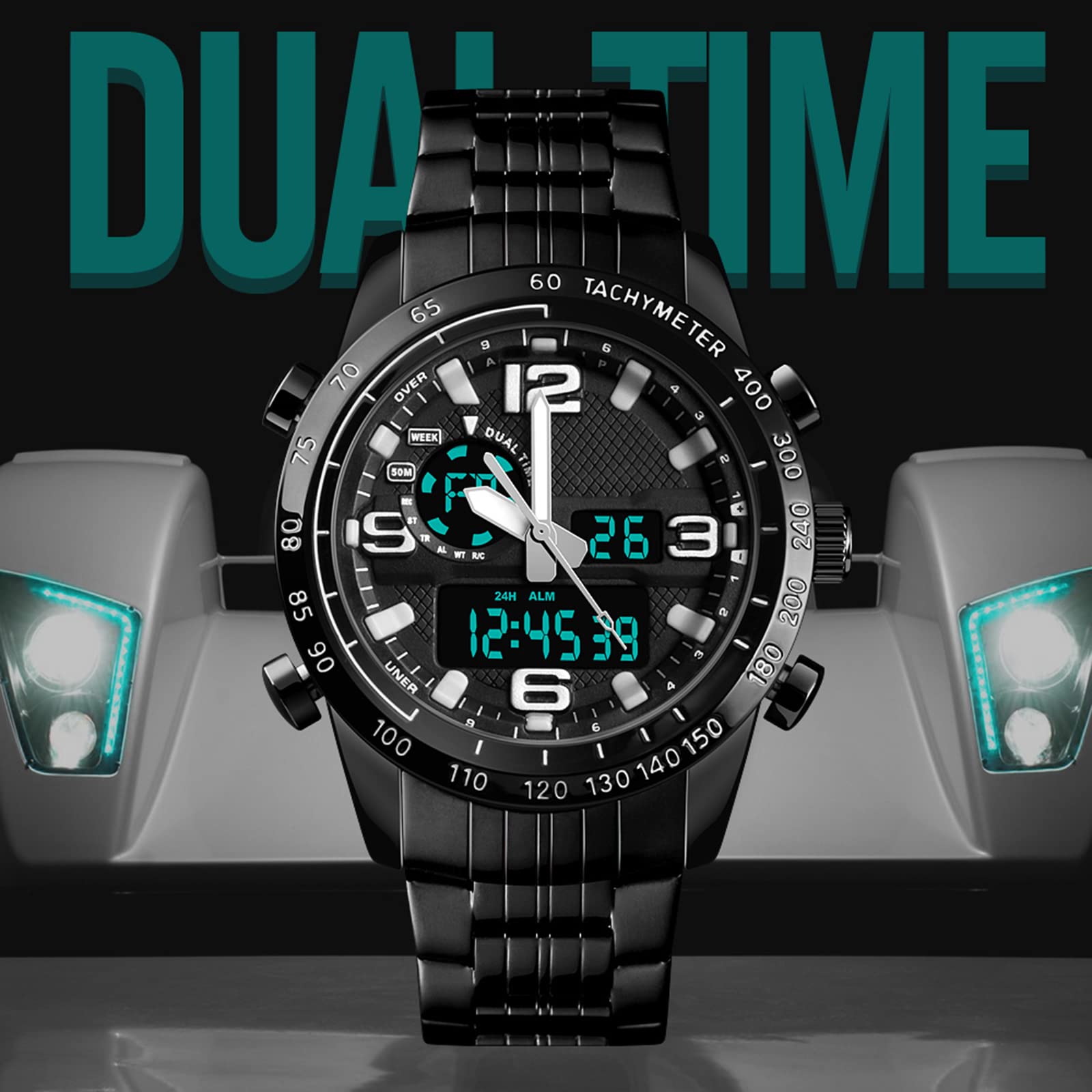 Мужские часы findtime из нержавеющей стали Цифровые Спортивные Водонепроницаемые с будильником датой двойным временем подсветкой секундомер Черный, фото №4