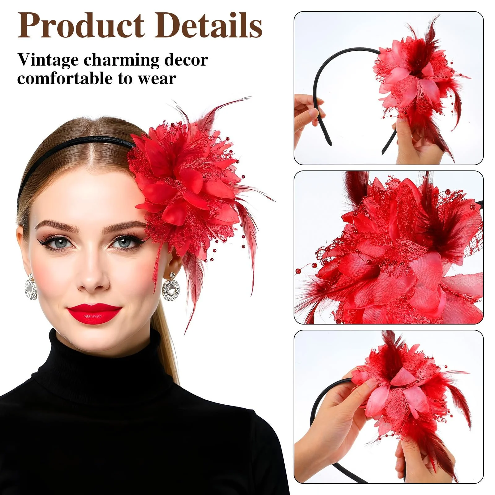 Обруч для жінок з пір'ям, бісером та вуаллю, фото №5