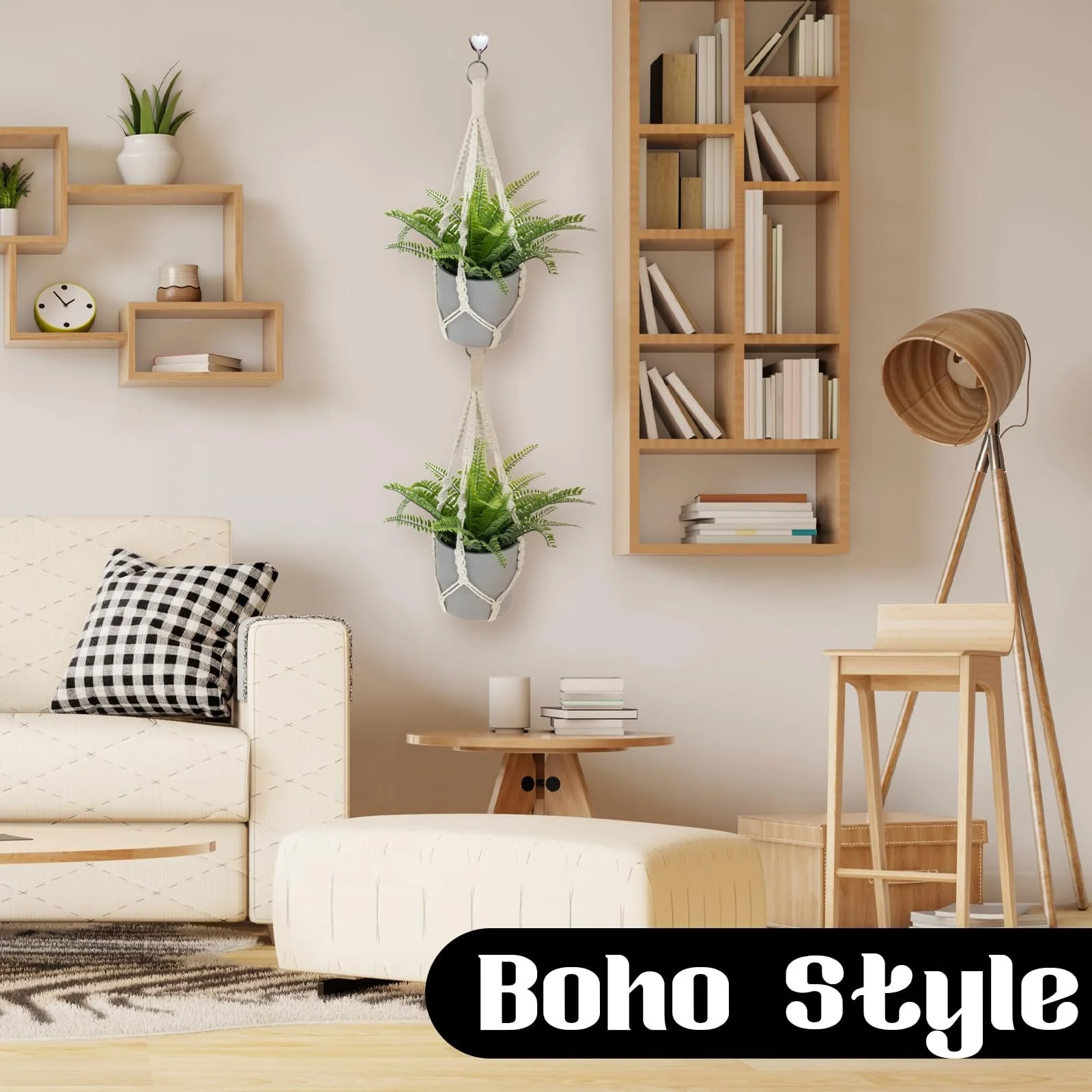 Подвесные корзины макраме Jeffdad Набор из 2 шт Хлопковая веревка Бежевый 50 см, фото №4