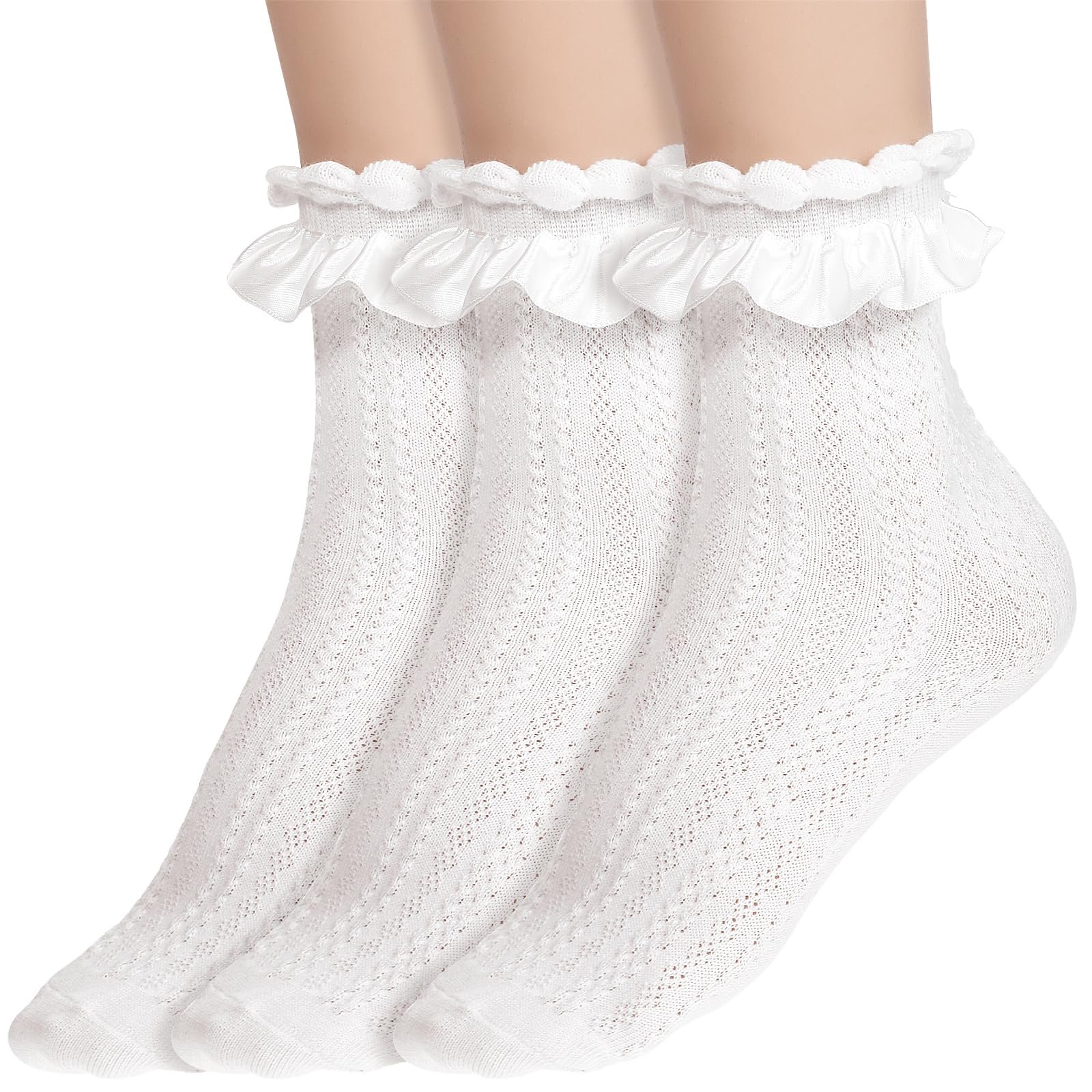 Носки с рюшами Mabor Белые, 3 пары Мягкие носки с рюшами, Женские носки из гребенного хлопка с кружевом, Милые носки принцессы Лолиты для девочек, фото №1