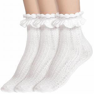 Носки с рюшами Mabor Белые, 3 пары Мягкие носки с рюшами, Женские носки из гребенного хлопка с кружевом, Милые носки принцессы Лолиты для девочек - Фото 1