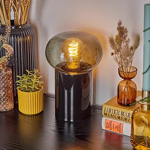 Настільна лампа Tati сучасна метал/скло ретро/вінтаж 15 см висота 22 см вимикач на кабелі 1 x E27 чорна/димчаста synthetic.ua - Фото 1