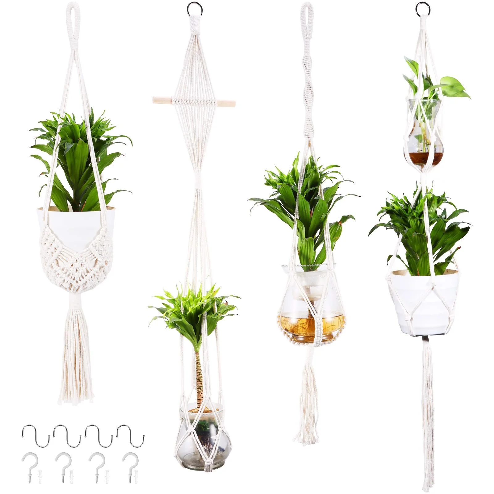 Набор подвесных корзин 4 шт. плетеных из хлопковой веревки в стиле бохо с крючками, фото №1