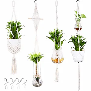Набор подвесных корзин 4 шт. плетеных из хлопковой веревки в стиле бохо с крючками - Фото 1