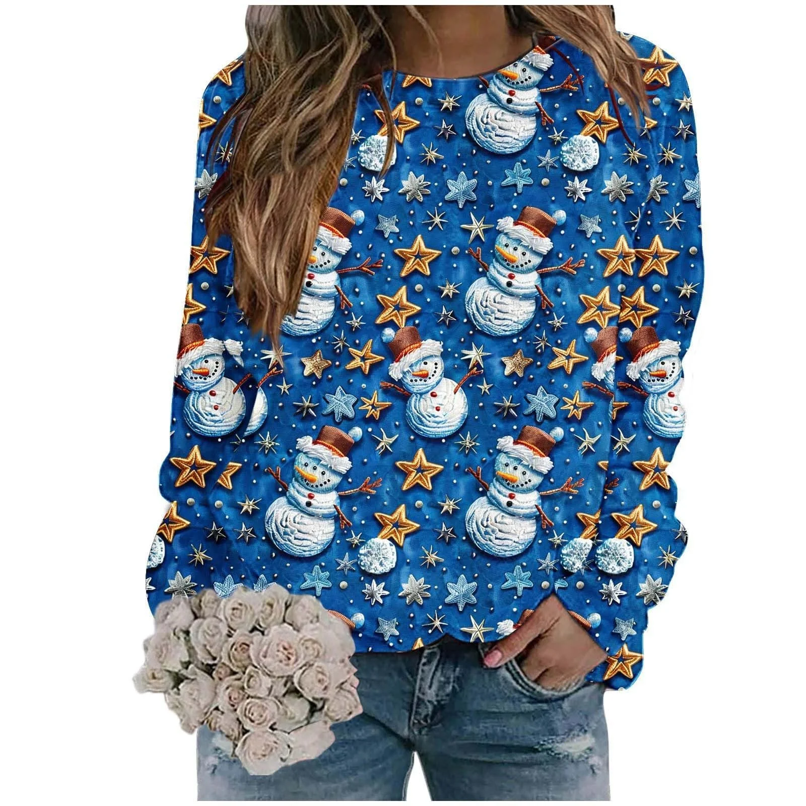 Рождественский свитер Женский Длинный рукав Круглый вырез Веселый Рождество Разноцветный С принтом Снеговик Толстовка Большой размер Мягкий свитер, фото №4