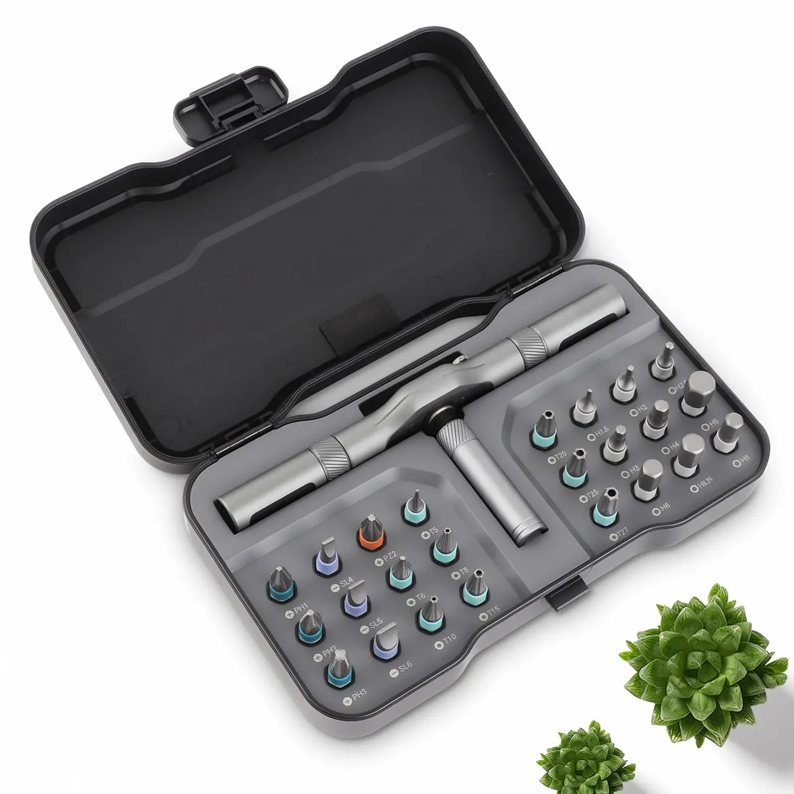 Набір викруток реверсивних 24-в-1 з T-подібною рукояткою 58 зубців з магнітними бітами S2, фото №1