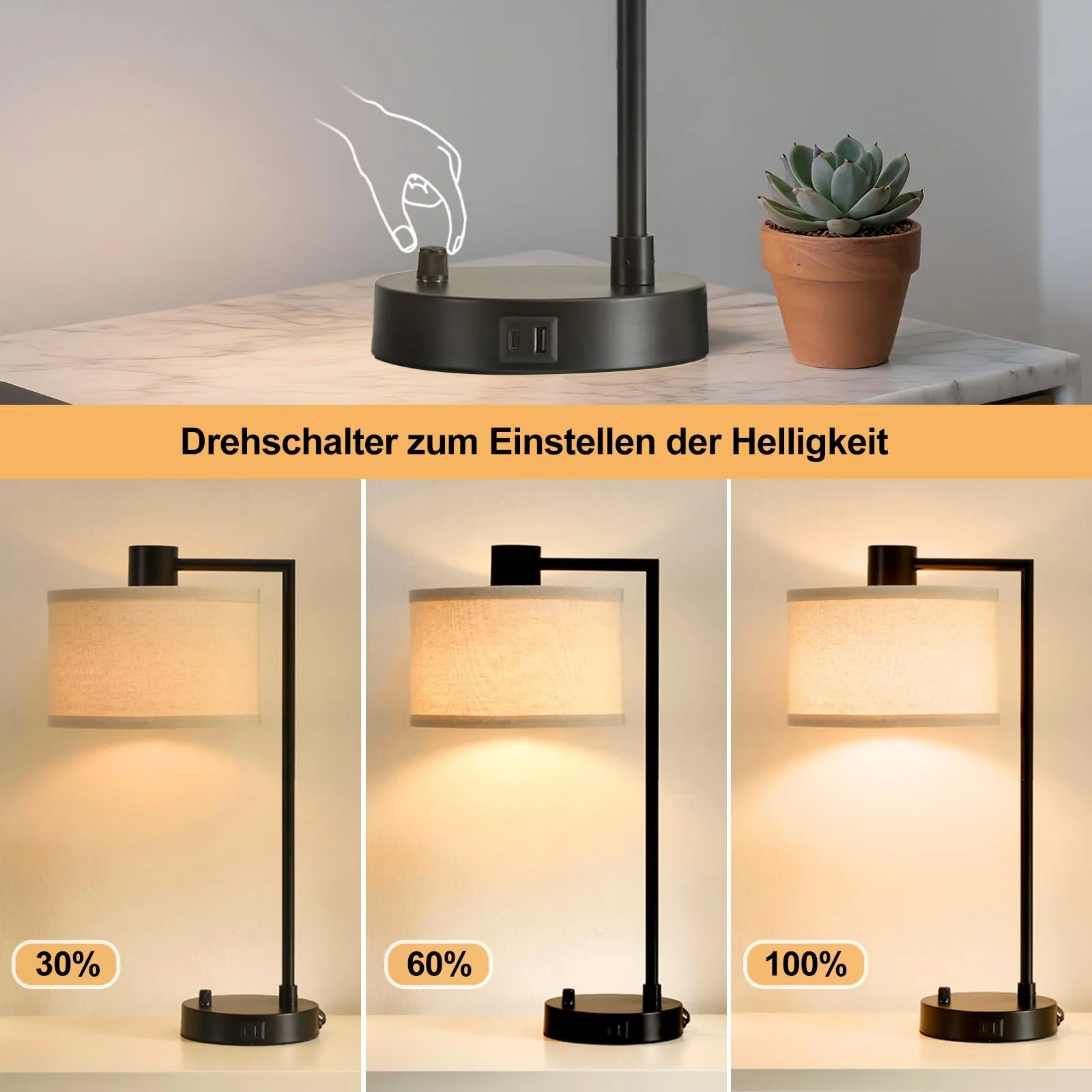 Настільна лампа GyroVu з функцією зарядки USB A+C димована з лляним абажуром (лампа в комплекті), фото №3