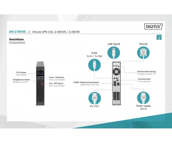 Digitus ДБЖ OnLine 2000VA/2000W, LCD 8xC13 RJ45 RS232 USB Rack/Tower, фото №10