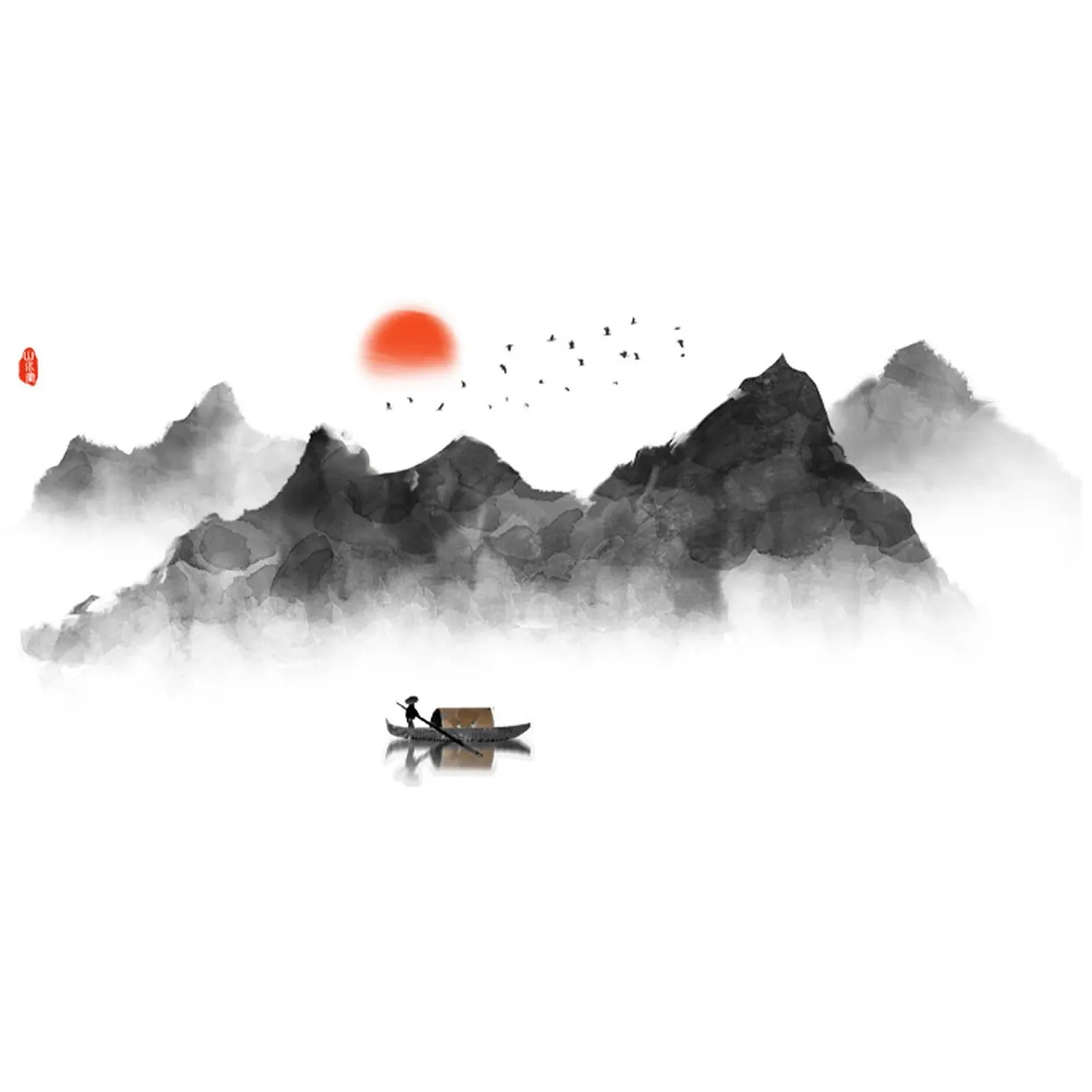 Наклейка на стену duoyif Mountains Silhouette Rivers Birds Moon Fishing Boat 144 x 72 см Черный, фото №1