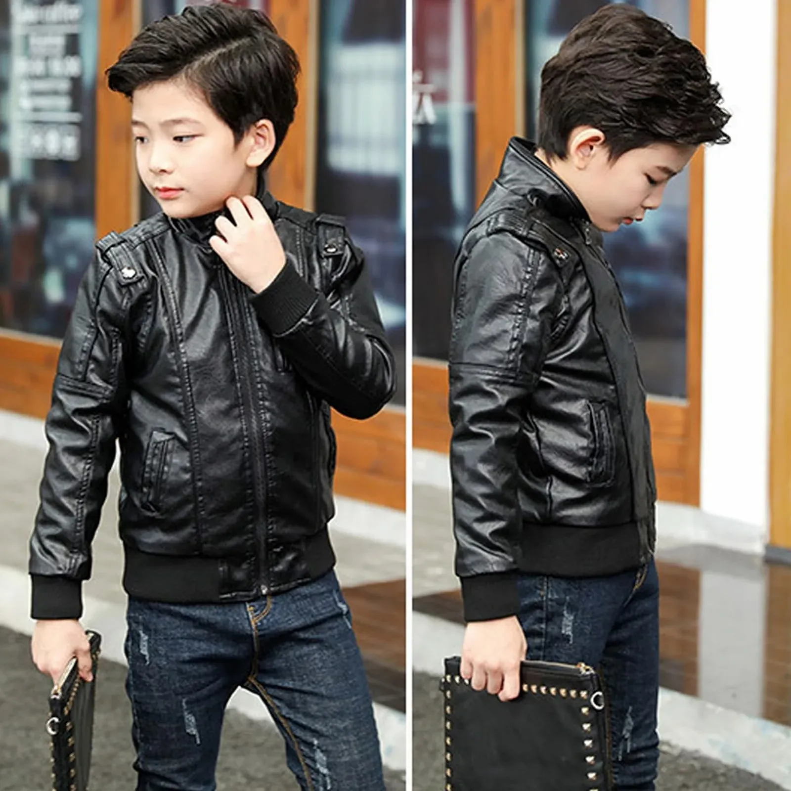 Шкіряна куртка L SERVER Дитяча для хлопчиків зі стійкою коміром, штучна шкіра, фото №4
