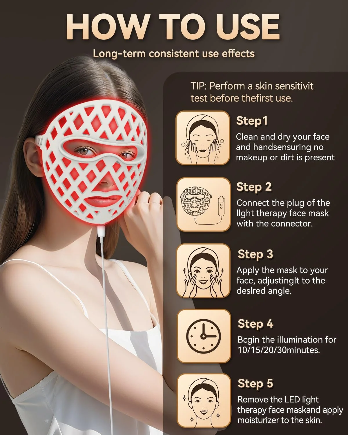 LED Маска KIMTAR для лица, светотерапия красным светом для лица в 7 цветах, 5 уровней яркости, фото №5