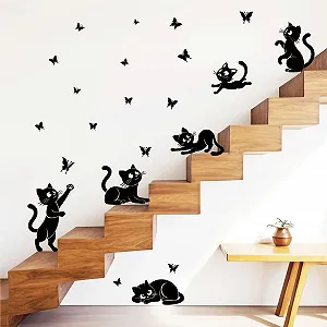 Наклейка на стіну Funny Cat Butterfly Dynamic Cat Decor Вінілова Чорна synthetic.ua - Фото 1