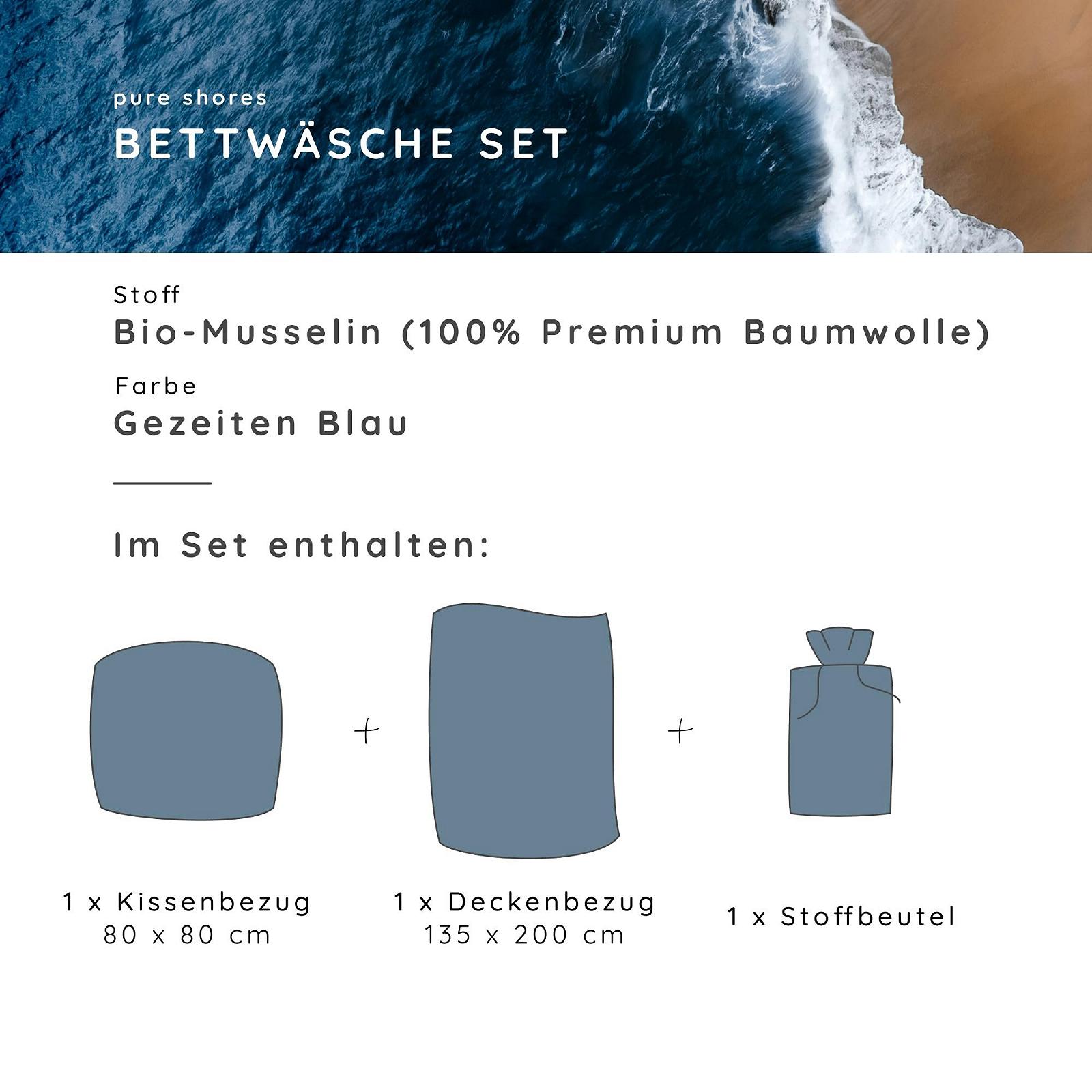 Постільна білизна Muslin Pure Shores 135 x 200 см органічна, комплект, 100% бавовна, з блискавкою, 1 наволочка 80 x 80 см, Tidal Blue, фото №7