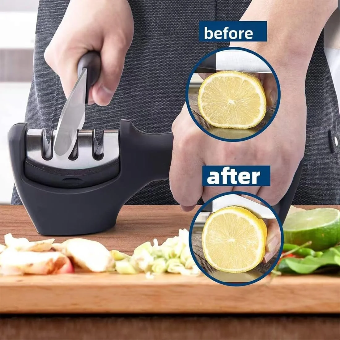 Точилка для ножів DWFYOI 3-ступенева Ручна Ергономічна Нековзна Чорна, фото №6 Точилка для ножів DWFYOI 3-ступенева Ручна Ергономічна Нековзна Чорна, фото №6