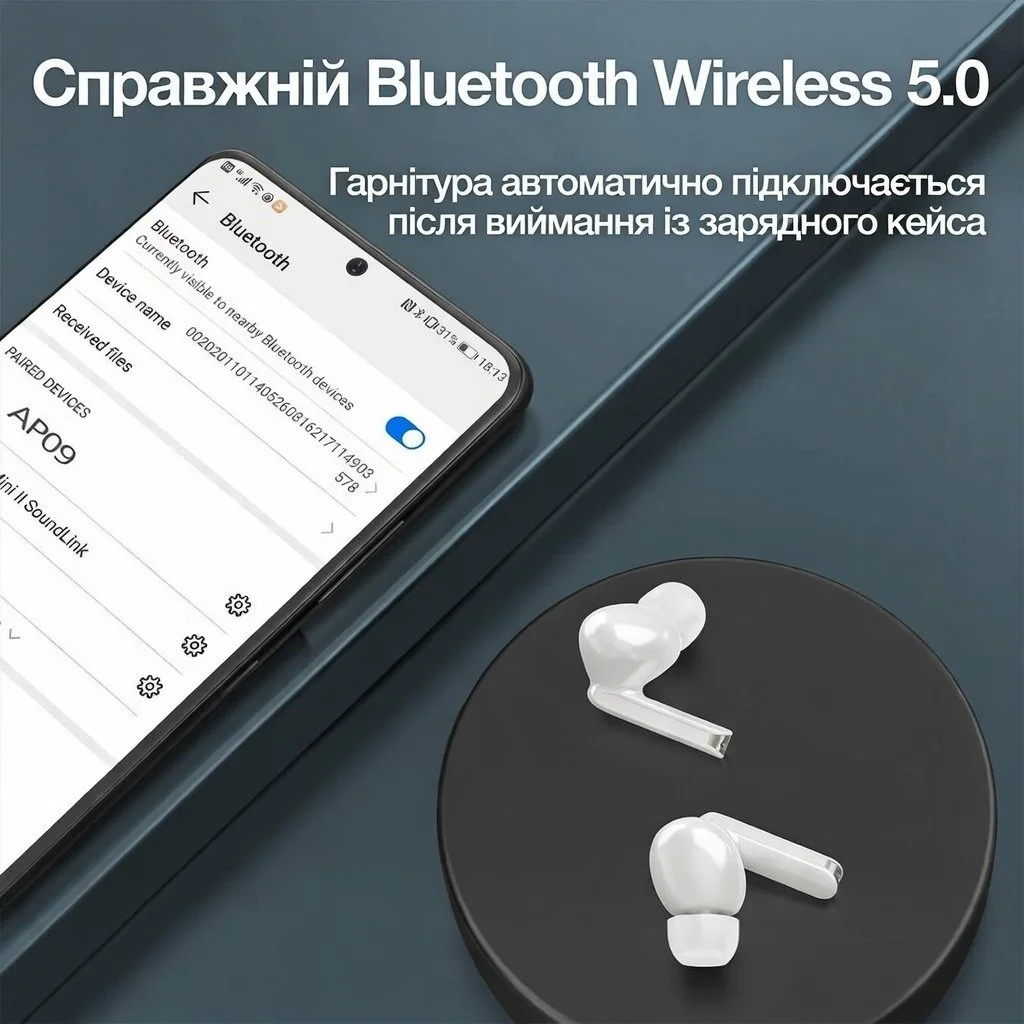 Беспроводные наушники Yoous AP28 / Bluetooth 5.2 / Влагозащита IPX67 / До 30 часов работы от кейса / Белые, фото №2