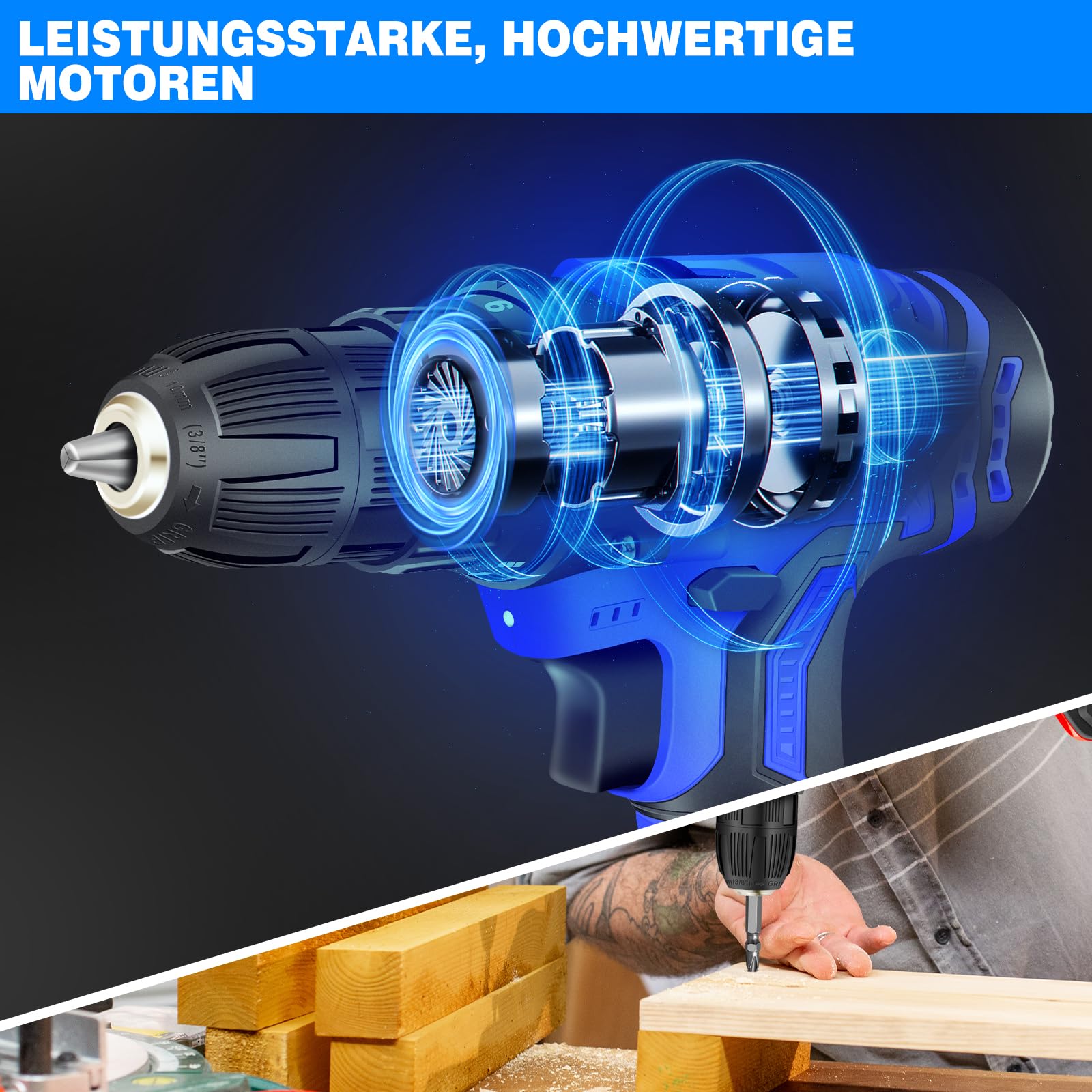 Шурупокрут Набір з 1 акумулятором 1500 мАг, Акумуляторна ручна дриль з 1 акумулятором 1,5 Ач, Світлодіодний робочий ліхтар та зарядний пристрій в комплекті, фото №3