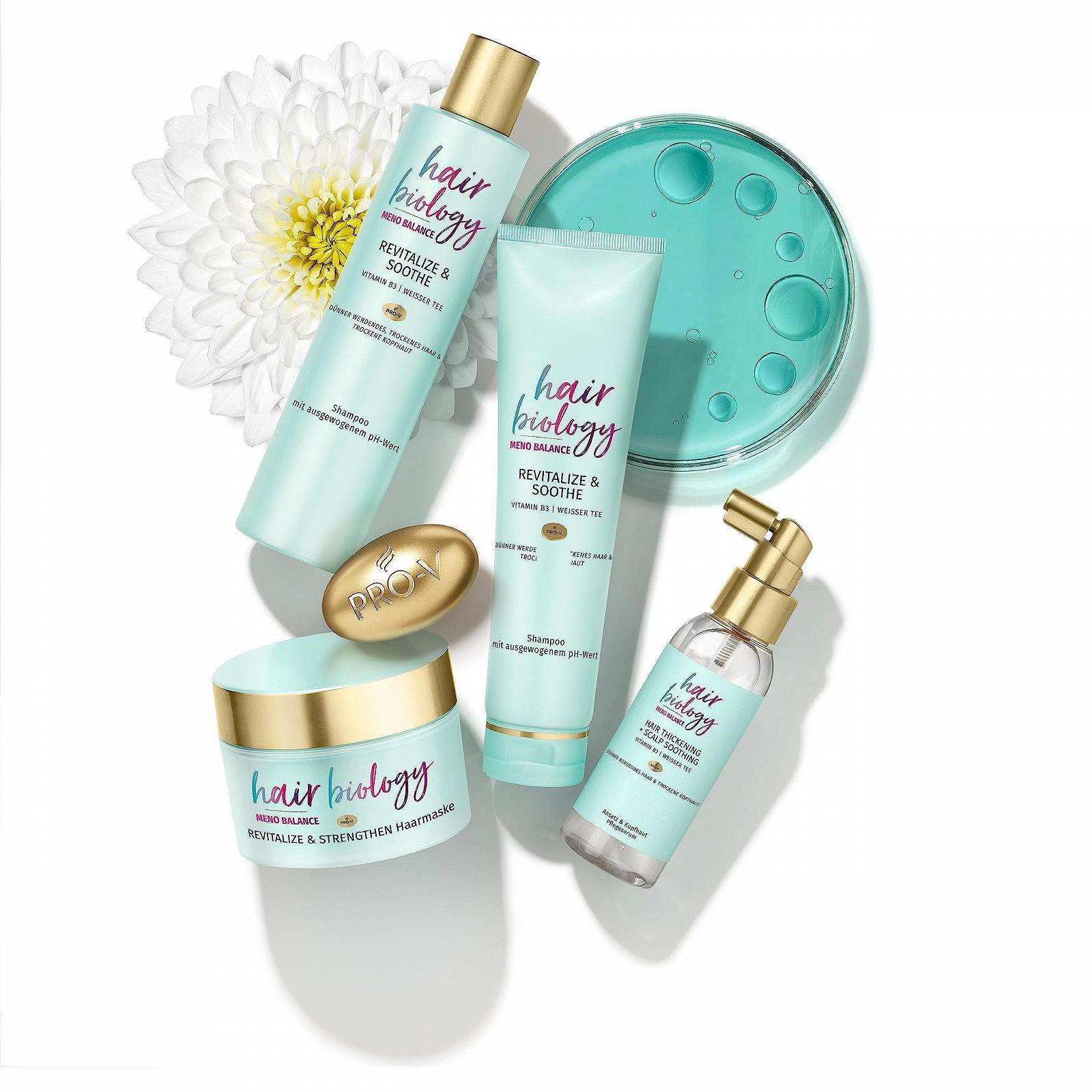 Шампунь Hair Biology Meno Balance Revitalize & Soothe для истонченных и сухих волос с Pro-V, витамином B3 и белым чаем 250 мл, фото №5 Шампунь Hair Biology Meno Balance Revitalize & Soothe для истонченных и сухих волос с Pro-V, витамином B3 и белым чаем 250 мл, фото №5