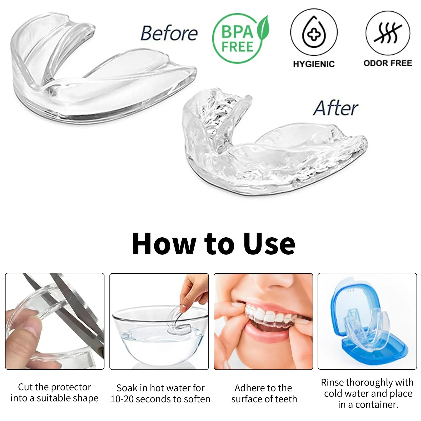 Капа Нічна від бруксизму і скреготу зубів, 4 шт в упаковці, 2 розміри, з боксом для зберігання, багаторазового використання для дорослих, фото №4