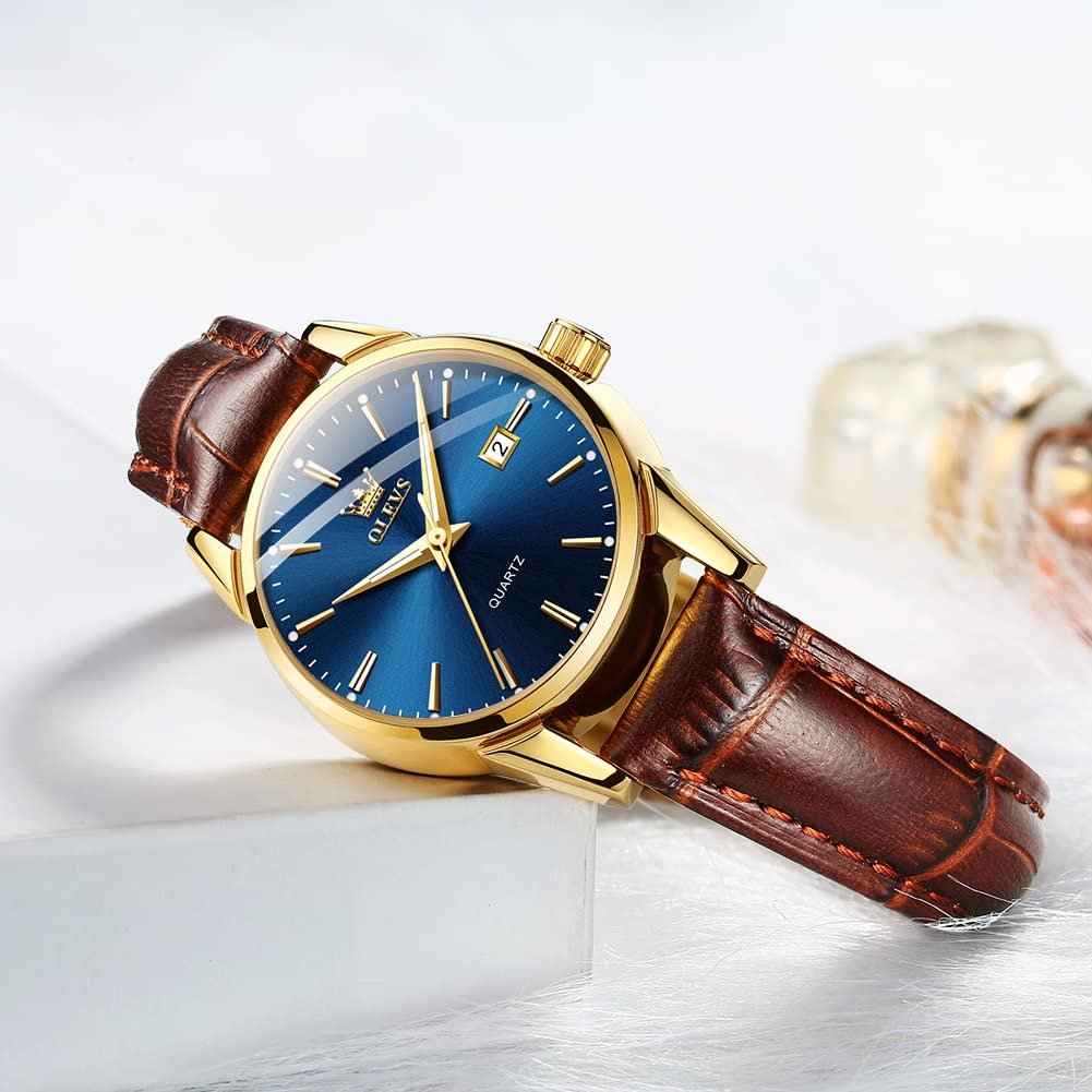 Жіночий годинник OLEVS Класичний Business Casual Аналоговий Кварцовий Коричневий Шкіряний Ремінець Синій/Чорний/Білий Циферблат, фото №5
