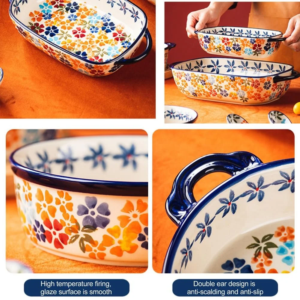 Противень Dxcaicc Керамический с одной ручкой Пятилистный цветок Синий Оранжевый Красный, фото №8