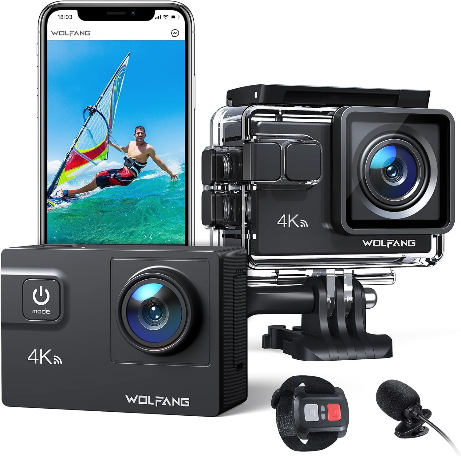 Екшн-камера WOLFANG GA300 4K 60FPS, 24 МП, підводна камера, WiFi, водонепроникна до 40 м, стабілізатор зображення 2.0 ICE, сенсорний екран, камера для шолома, 8-кратний зум (зовнішній мікрофон, 2 x 1350 мАг батареї та набір аксесуарів), фото №1
