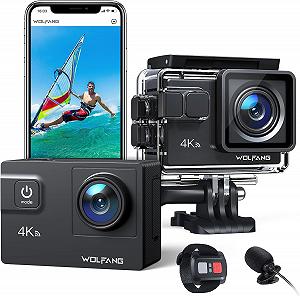 Екшн-камера WOLFANG GA300 4K 60FPS, 24 МП, підводна камера, WiFi, водонепроникна до 40 м, стабілізатор зображення 2.0 ICE, сенсорний екран, камера для шолома, 8-кратний зум (зовнішній мікрофон, 2 x 1350 мАг батареї та набір аксесуарів) - Фото 1
