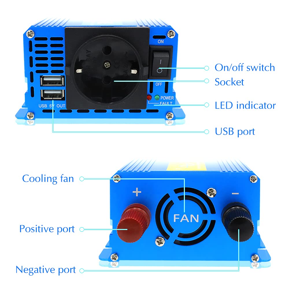 Інвертор Cantonape Pure Sine Wave 600 W 12 V 230 V 600 W силовий конвертер Автоінвертор з 2 USB портами автомобільним зарядним та клемами акумулятора, фото №7