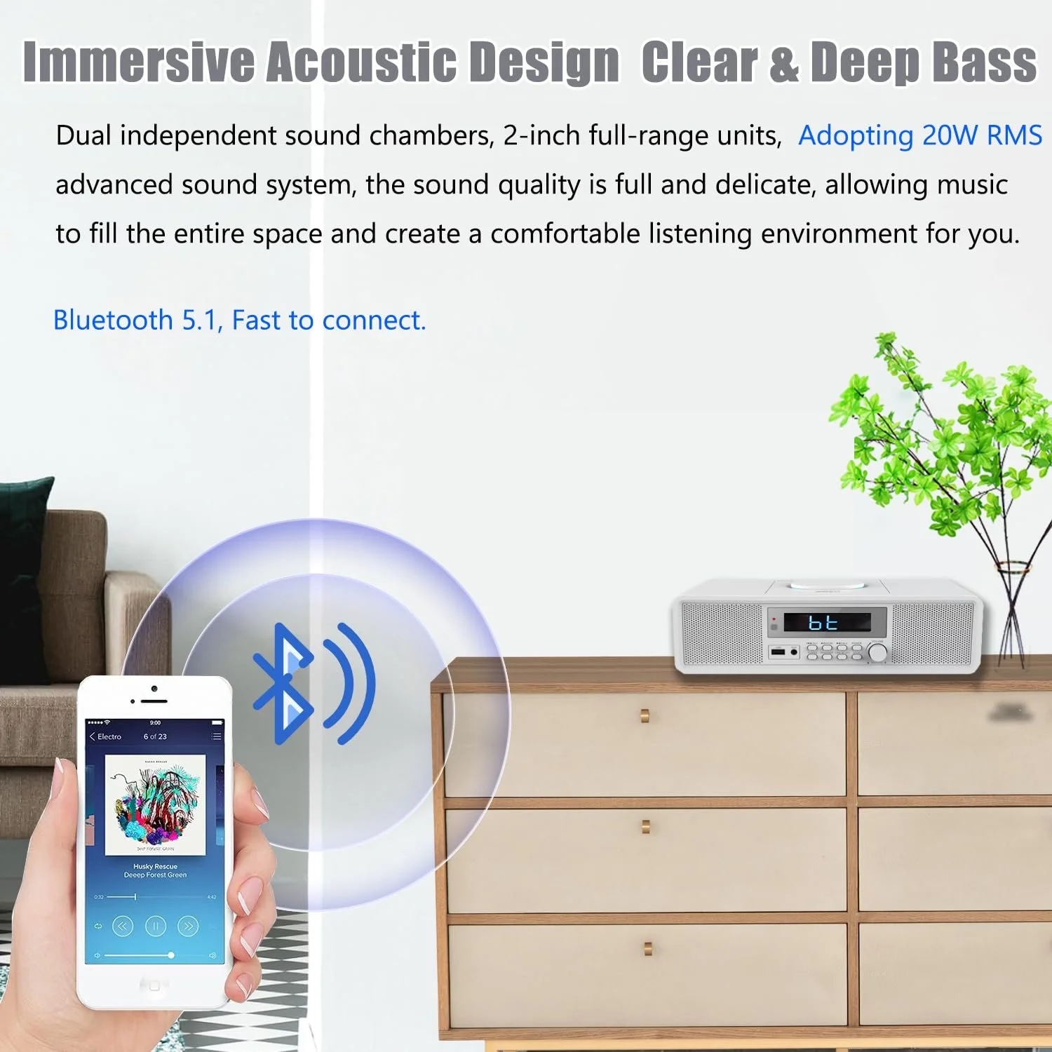 Компактное радио с CD-плеером, FM-радио, с Bluetooth, USB, MP3, AUX, цифровой двойной будильник, воспроизведение CD-R/CD-RW/MP3/WMA, фото №5