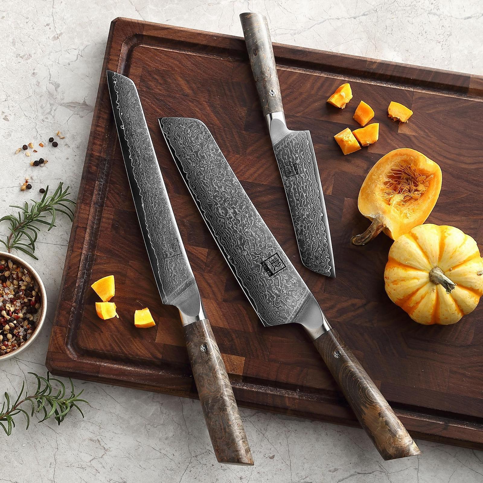 Набір ножів Zayiko Professional Series Premium 3 Damascus: ніж шеф-кухаря 20 см, ніж для м'яса 20 см, універсальний ніж 12 см, дамаська сталь, руків'я з клену, з блоком для ножів, фото №4