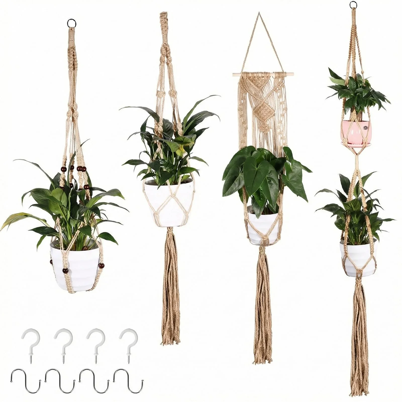 Підвісні кошики макраме Набір із 4 штук Бавовняна мотузка з гачками Коричневий, фото №1