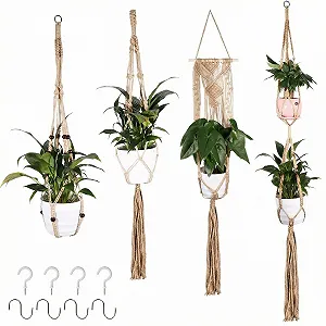 Підвісні кошики макраме Набір із 4 штук Бавовняна мотузка з гачками Коричневий - Фото 1