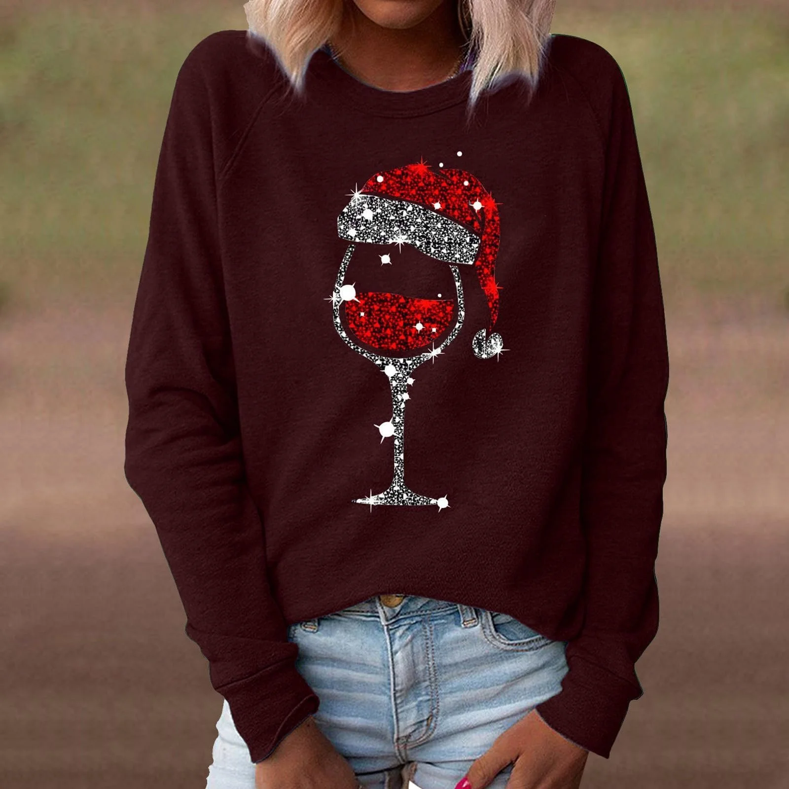 Рождественский джемпер Женская смешная рубашка с длинными рукавами Блестки Принт бокала красного вина Пуловер Рождественский женский свитшот Рождественская рубашка Женская с длинными рукавами с рождественским мотивом Санты Рождественская футболка, фото №2