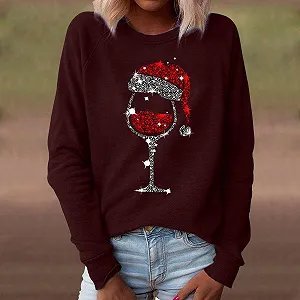 Рождественский джемпер Женская смешная рубашка с длинными рукавами Блестки Принт бокала красного вина Пуловер Рождественский женский свитшот Рождественская рубашка Женская с длинными рукавами с рождественским мотивом Санты Рождественская футболка synthetic.ua - Фото 1