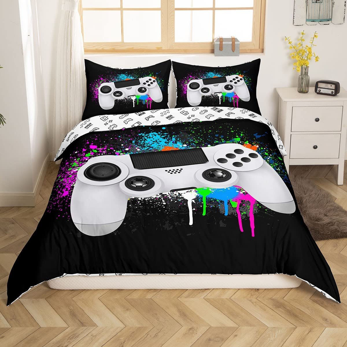 Постільна білизна Homemissing Gamer Game, 135 x 200 см, чохол на ковдру з відеоігровим контролером, білосніжна постільна білизна Gamepad Tie Dye, барвистий чохол на ковдру Tie Dye, фото №2
