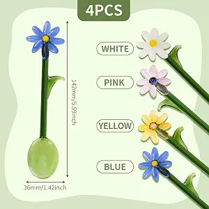 Ложка стеклянная Цветок 15 см, прозрачная, цветная, с длинной ручкой для смешивания кофе, для коктейлей, для дома, бара и вечеринок, набор 4 шт synthetic.ua - Фото 1