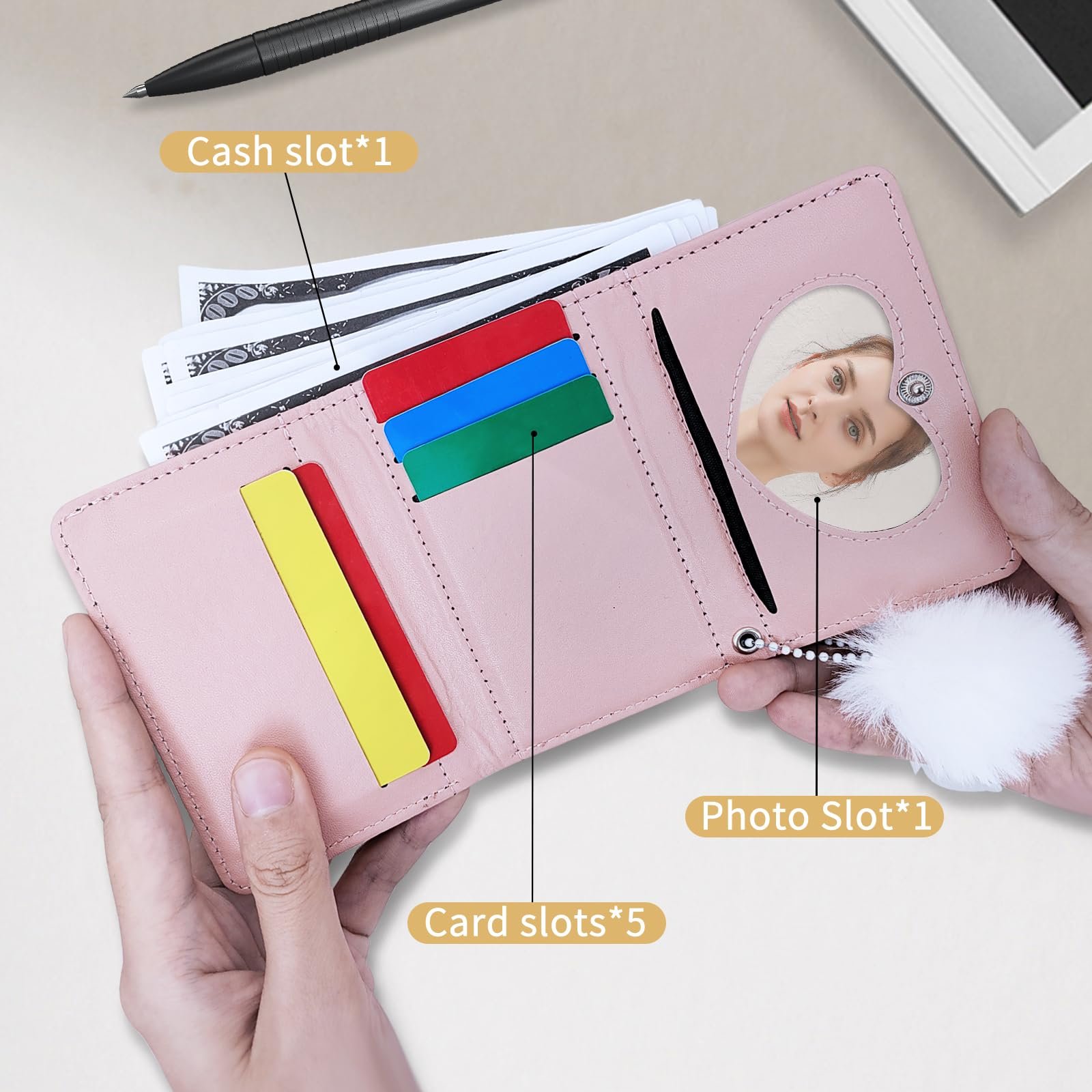 Кошелек FuninCrea Женский с ID окошком в форме сердца и помпоном, Маленький кошелек из PU кожи, Портативный кошелек с 7 отделениями для карт, розовый, Modern, фото №4
